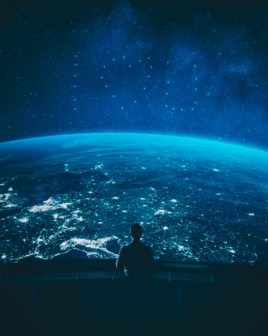 Illustration of a man on a balcony that overlooks the planet Earth
