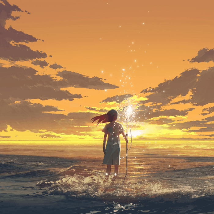 New beginnings for a woman standing in the surf with magical sparks from her staff and in the sky