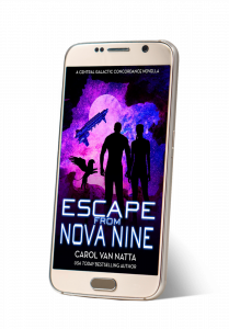 Photo of a phone with book cover - playlist for ESCAPE FROM NOVA NINE displayed