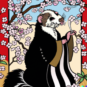 Art by DALL-E, prompt by Carol Van Natta. Japanese-style illustration of a kimono-wearing skunk at a cherry blossom festival.