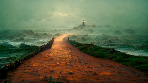 Copper brick road and green ocean by MidJourney