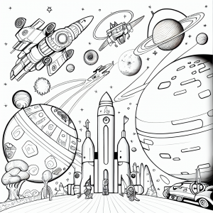 Science fiction-themed coloring-in page, generated by MidJourney