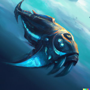 Digital art illustration of a spaceship design inspired by a whale, as generated by DALL-E