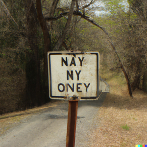 DALL-E's interpretation of "We May Never Pass This Way Again" is a gibberish road sign