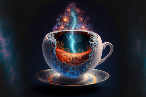 illustration of a teacup that is also a magic portal, generated by MidJourney