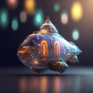 illustration of a spaceship-shaped Christmas ornament, generated by MidJourney
