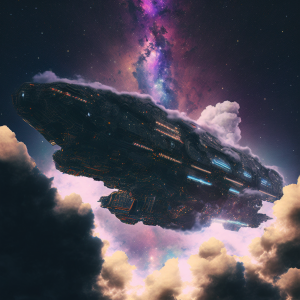 illustration of a spaceship surrounded by clouds, generated by MidJourney