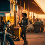 Illustration of a black woman standing outside at a truck stop, generated by MidJourney