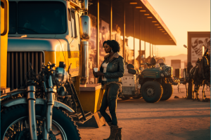 Illustration of a black woman standing outside at a truck stop, generated by MidJourney