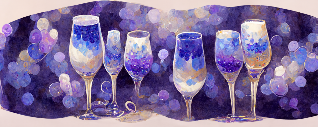 Impressionist-style painting of champagne glasses and ribbons, for onward into 2023