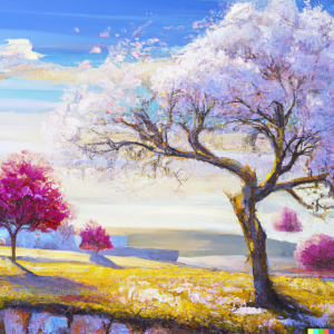 Illustration of an oil painting of spring, generated by DALL-E
