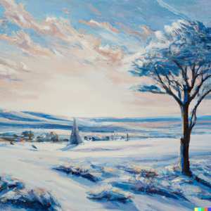 Illustration of an oil painting of winter, generated by DALL-E
