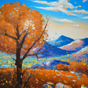 Illustration of an oil painting of autumn, generated by DALL-E
