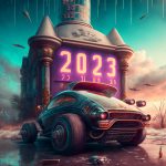 Illustration of a futuristic car and building emblazoned with "2 0 2 3"