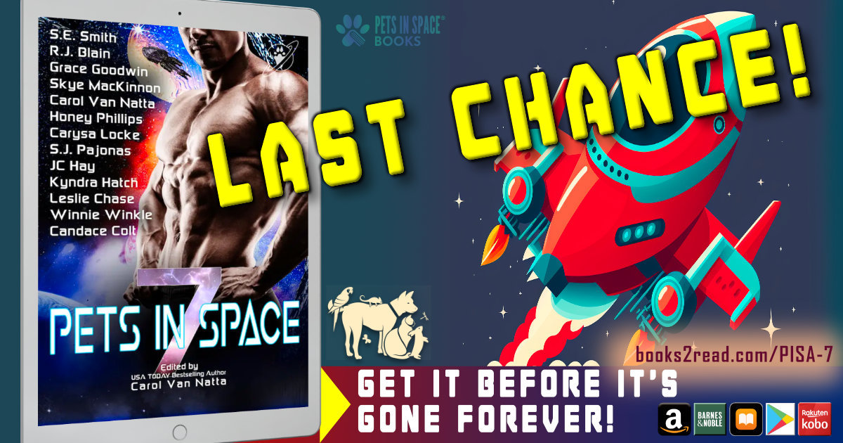 Farewell to Pets in Space 7, with the book cover image and a rocket