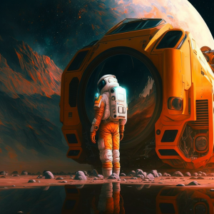 Illustration of an astronaut standing in front of a large yellow spaceship on an alien planet, generated by MidJourney