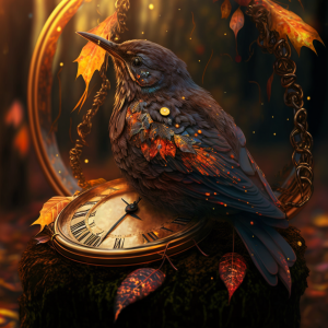 fantasy illustration of a songbird sitting on an analog clock, generated by MidJourney