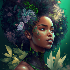 fantasy illustration of a pretty Black woman with flowers in her hair, generated by MidJourney