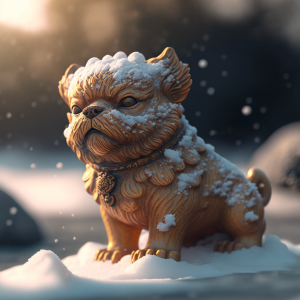 fantasy illustration of a foo dog sitting in the snow, generated by MidJourney