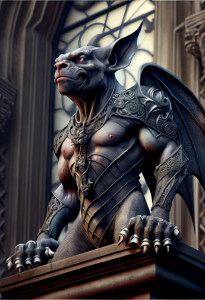fantasy image of a humanoid male gargoyle standing in front of a gothic window, generated by MidJourney