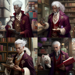 4 initial images generated by MidJourney of a dark elf holding various animals.