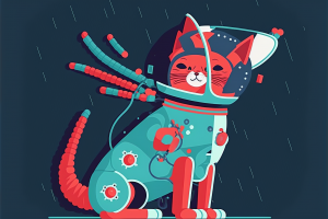 Illustration of a cute cat wearing a spacesuit, generated by MidJourney