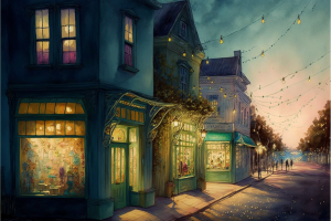 Fantasy illustration of a mountain town's main street at twilight, with brightly lit shops and strings of lights overhead, generated by MidJourney