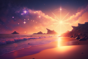 Purple and orange sunset with bright rays and stars