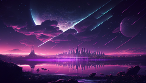 Illustration of a distant city skyline, all shades of purple, generated by MidJourney