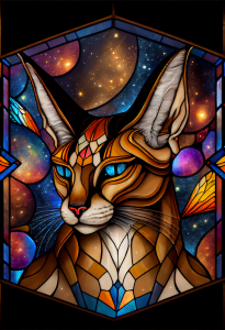 Illustration of a stained glass window with a caracal-like feline as the subject, generated by MidJourney