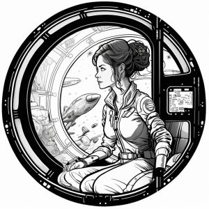 illustration of a young woman sitting in a round window, looking out at spaceships, generated by MidJourney