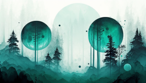 Surreal image of an alien forest with pine trees and multiple moons above, generated by MidJourney