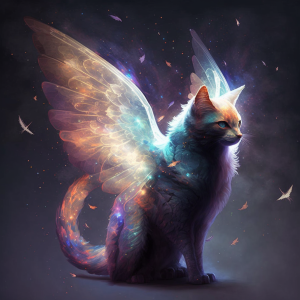 Fantasy illustration of a winged cat, generated by MidJourney