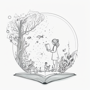 Symbolic illustration of an open book with a circle above with a young girl reading in a garden, generated by MidJourney