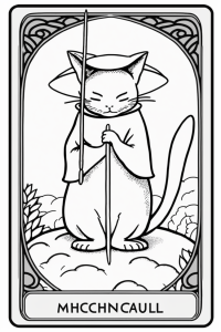 Illustration of an anthropomorphic cat in an imaginary Tarot card style, generated by MidJourney