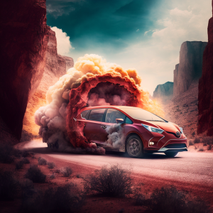 Illustration of a red hybrid vehicle emerging from a portal, as generated by MidJourney.