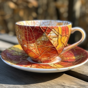 photo illustration of a teacup and saucer with a delicate autumn-leaf motif, generated by MidJourney April 2023