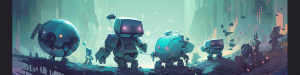 Illustration of cute robots in a row, generated by MidJourney for A.I. Art for April 2023. Post a comment below if you want the prompt for this image.