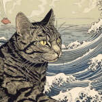 watercolor and ink illustration of a cat with a background of stylized waves, generated by MidJourney