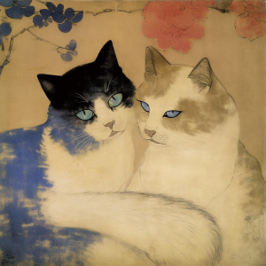 watercolor illustration of two friendly cats, generated by MidJourney AI art for April 2023