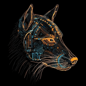 illustration of a cybernetic wolf head, profile view, generated by MidJourney version 5 stylized