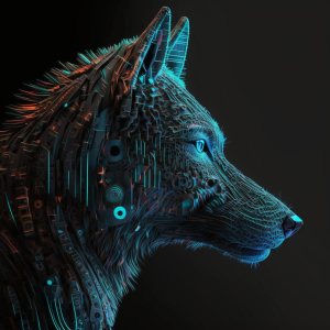 illustration of a cybernetic wolf head, profile view, generated by MidJourney version 4