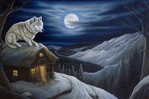 illustration of a large wolf sitting on top of a winter cabin at night, generated by MidJourney