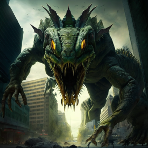 Illustration of a terrifying monster with big teeth, generated by MidJourney