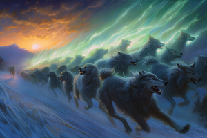 Illustration of wolves running across the tundra, surrounded by waves of magic, generated by MidJourney, for the playlist for Dire Wolf Wanted