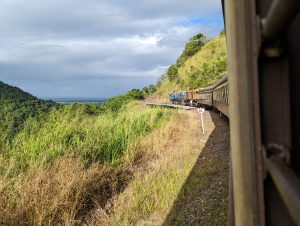 View of the narrow-gauge train as it winds its way through Barron Gorge in Australia.