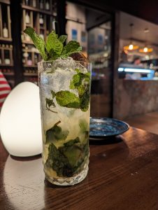 Photo of a virgin mojito in a tall glass.