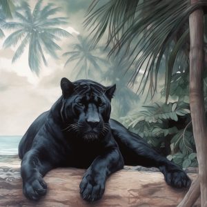 Illustration of a black leopard sitting on a log, with a tropical island background, generated by MidJourney, for the Shifter's Storm playlist