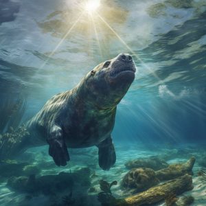 An illustration of a prehistoric aquatic sloth, the non-human side of Dauro, as generated by MidJourney, for the playlist for Shifter's Storm