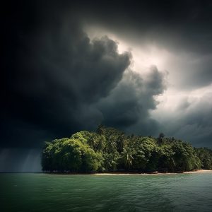 Illustration of a massive storm brewing over a tropical island, generated by MidJourney, for Shifter's Storm play list